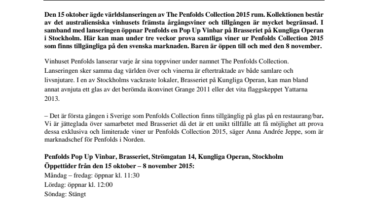 PENFOLDS ÖPPNAR EN POP UP VINBAR 