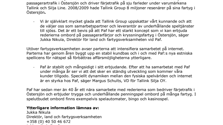 Paf tecknar nytt avtal med Tallink Group