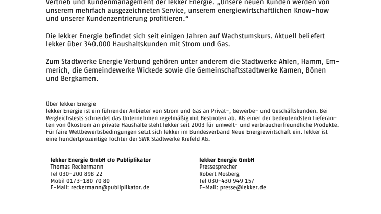 „Kleine Racker werden lekker“ – lekker Energie übernimmt Strom- und Gaskunden des Stadtwerke Energie Verbundes
