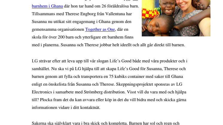 HJÄLP LG ATT FYLLA EN CONTAINER MED MATERIAL TILL NY SKOLA I GHANA
