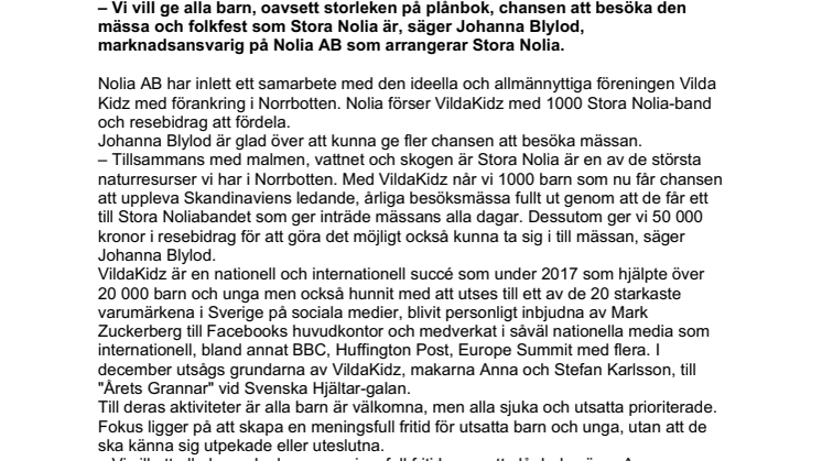 Samarbete med VildaKidz ger 1000 barn och unga möjlighet att besöka Stora Nolia i Piteå