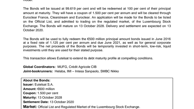 EUTELSAT ANNOUNCES SUCCESSFUL 8-YEAR BOND ISSUANCE 
