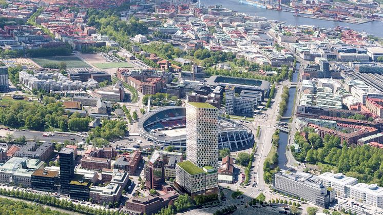 Skanskas Citygate i Gårda blir Nordens högsta kontorshus och kommer att drivas med lokalproducerad el från Göteborg Energis solcellspark i Utby. Illustration: Skanska