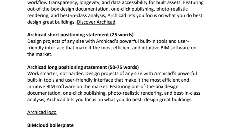 Archicad, BIMcloud, BIMcloud SaaS, BIMx, DDScad boilerplates, positioning statements, logos