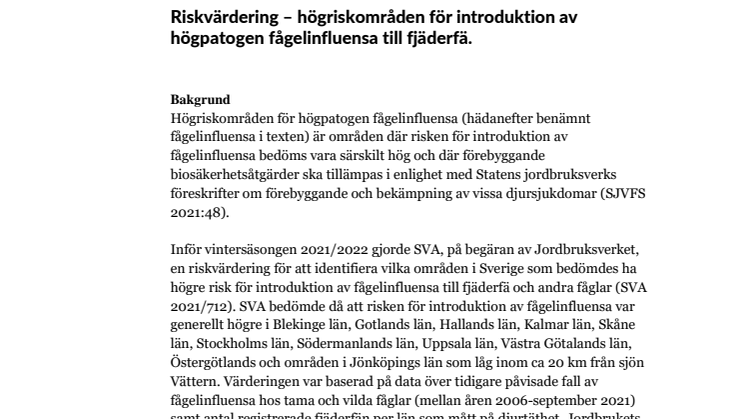 Riskvärdering – högriskområden för introduktion av högpatogen fågelinfluensa till fjäderfä.pdf