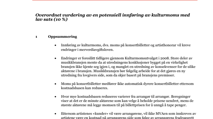 Pwc - rapport om kulturmoms for Norske Konsertarrangører og GramArt