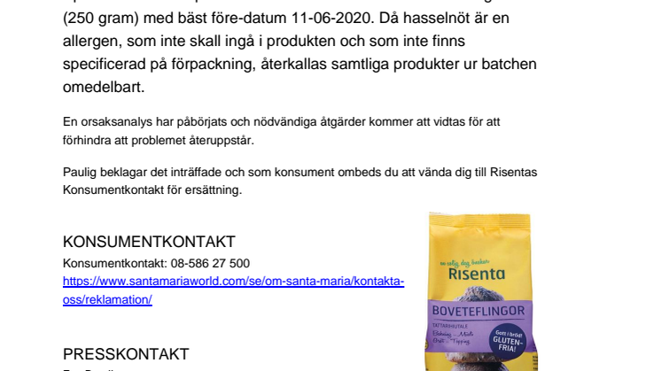 Återkallelse av Risenta Boveteflingor - risk för nötallergen 