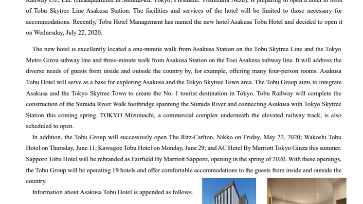 Tobu to Open Asakusa Tobu Hotel on Wednesday, July 22, 2020  Bookings will begin on the Tobu Hotel Management’s website from Monday, February 10