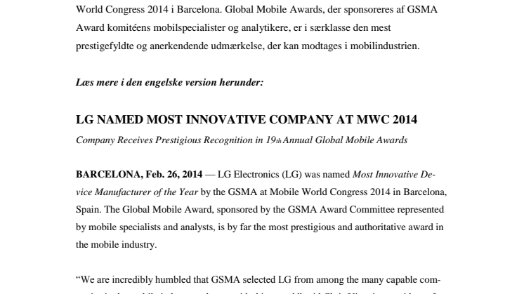 LG Electronics udnævnes som mest innovative virksomhed under MWC 2014