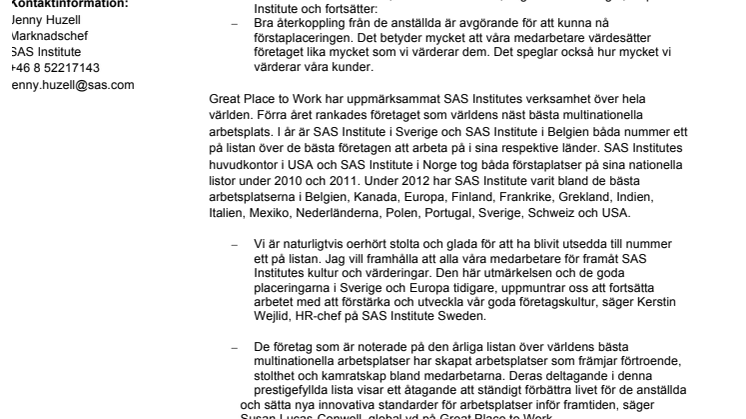 SAS Institute har världens bästa arbetsplatser