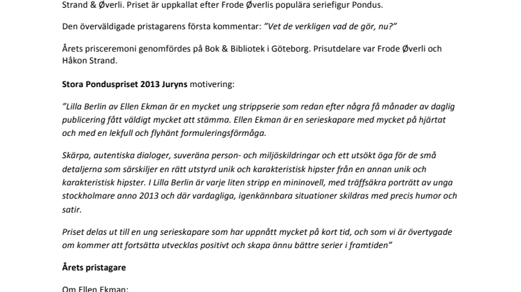 Stora Ponduspriset 2013 till Ellen Ekman för serien Lilla Berlin