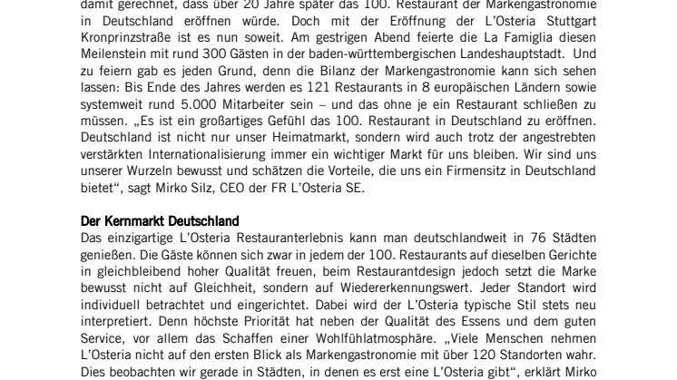 L’Osteria feiert 100. Restaurant in Deutschland