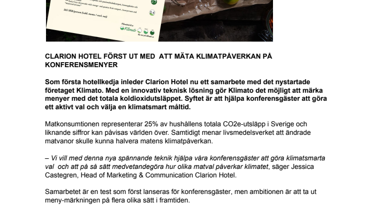 CLARION HOTEL FÖRST UT MED  ATT MÄTA KLIMATPÅVERKAN PÅ KONFERENSMENYER 