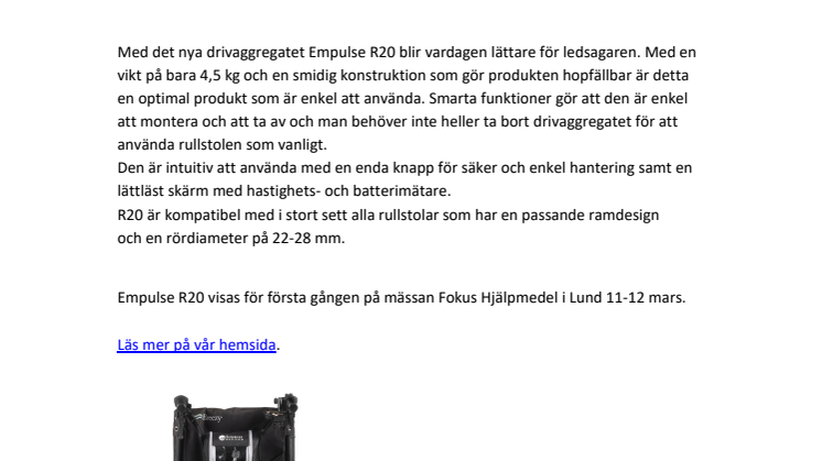 Sunrise Medical AB lanserar Empulse R20, det nya hopfällbara vårdarstyrda drivaggregatet