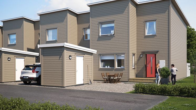 Illustration av entrésida med uppfart, eget förråd & förstukvist, radhusen i BoKlok Fårhagen, Holmöngs Hage, Vänersborg. 