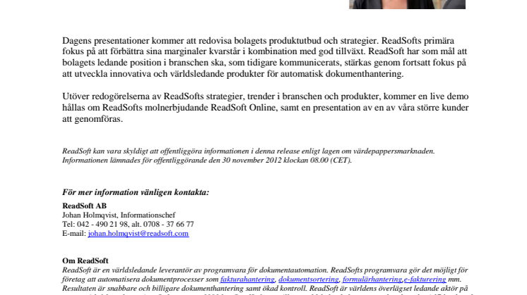 ReadSoft håller kapitalmarknadsdag