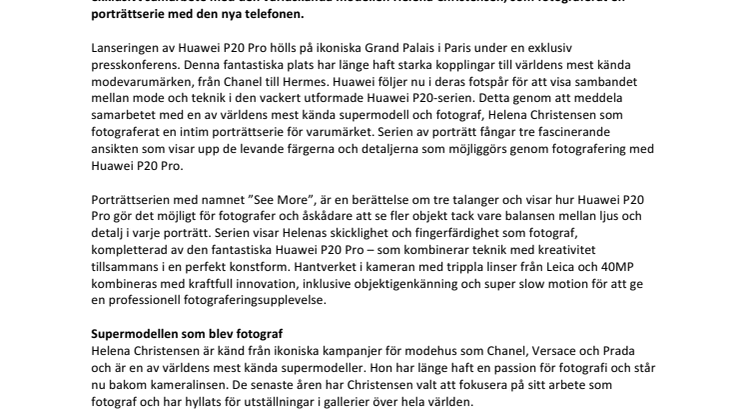 Teknik och kreativitet i fokus: Huawei i samarbete med Helena Christensen när telefonen P20 Pro lanseras