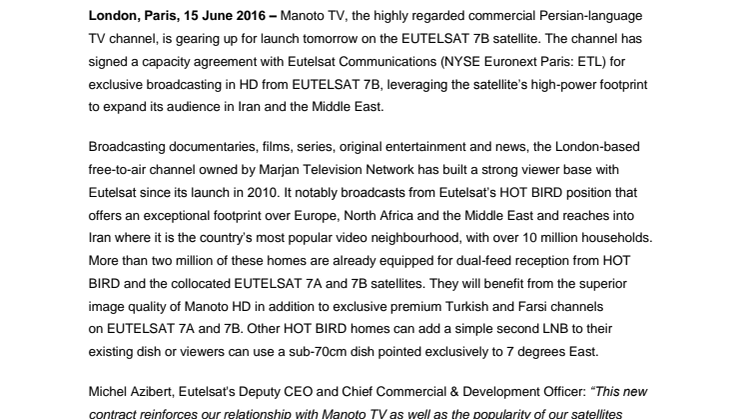 Manoto TV choses EUTELSAT 7B satellite for exclusive broadcasting in High Definition