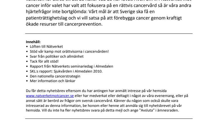 Nätverket mot cancers nyhetsbrev - 13 september 2010