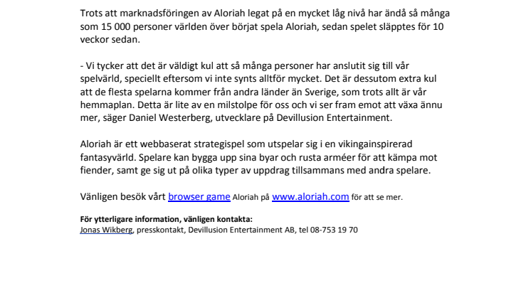 Aloriah nådde 15 000 registrerade spelare på 10 veckor