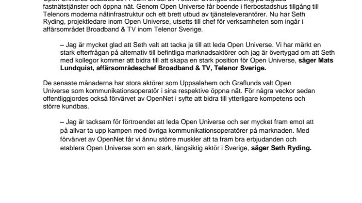 Seth Ryding utsedd till ansvarig för Open Universe