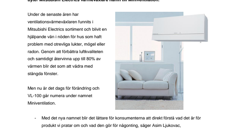 Mitsubishi Electrics värmeväxlare VL-100 byter namn till Miniventilation