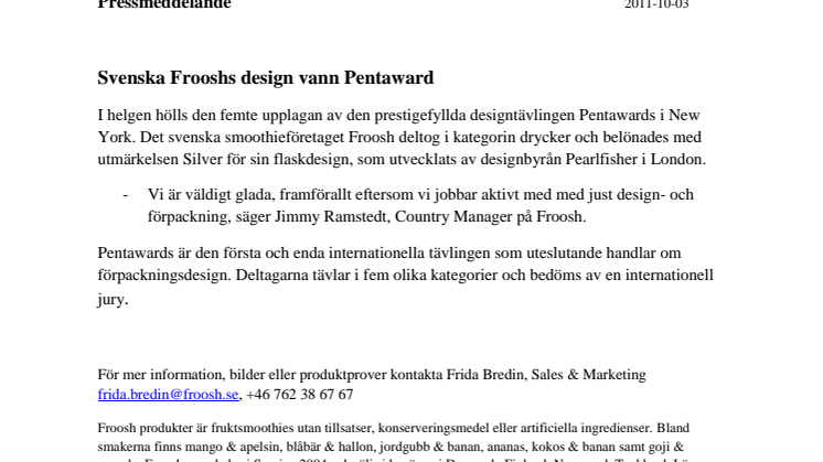 Svenska Frooshs design vann Pentaward	