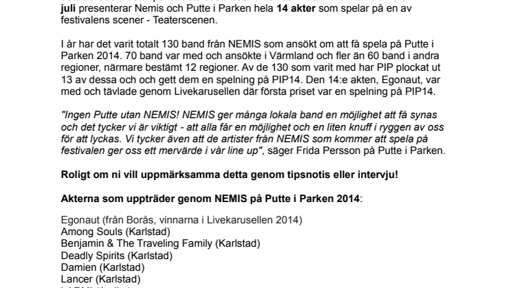 Nya artister på Putte i Parken - idag släpps 14 nya akter! 