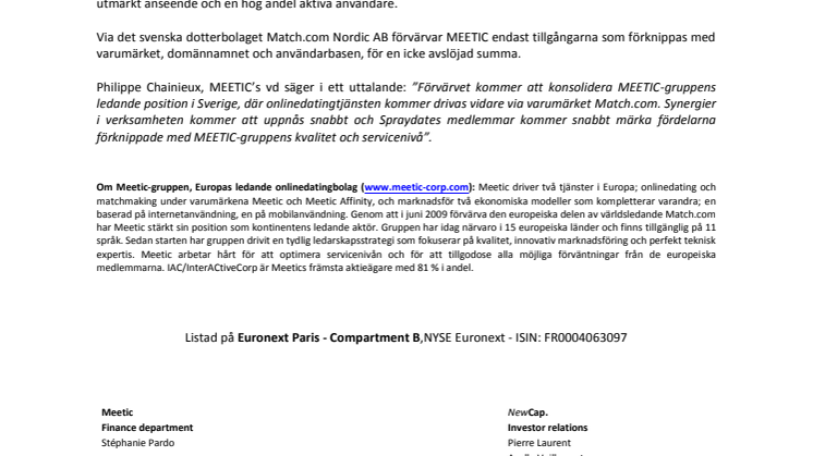 MATCH.COM, ETT FÖRETAG I MEETIC-GRUPPEN, KÖPER SPRAYDATE  