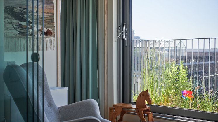 Grön balkong längs loggia, Det Goda Vattnet, Lund