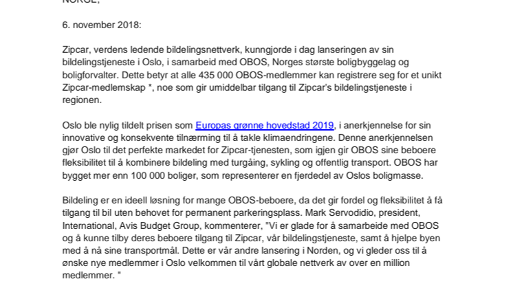 ZIPCAR UTVIDER VIRKSOMHETEN SIN MED LANSERINGEN AV BILDELINGSKONSEPTET I NORGE - I PARTNERSKAP MED OBOS