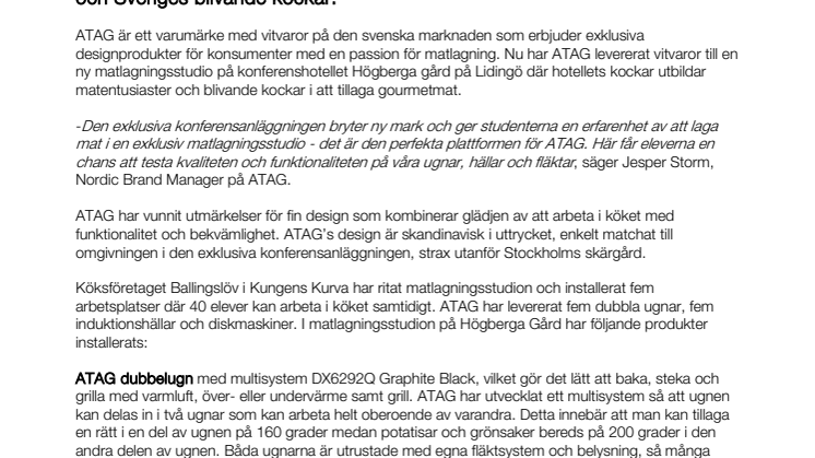 ATAG levererar vitvaror till exklusiv matlagningsstudio med upp till 40 kockar