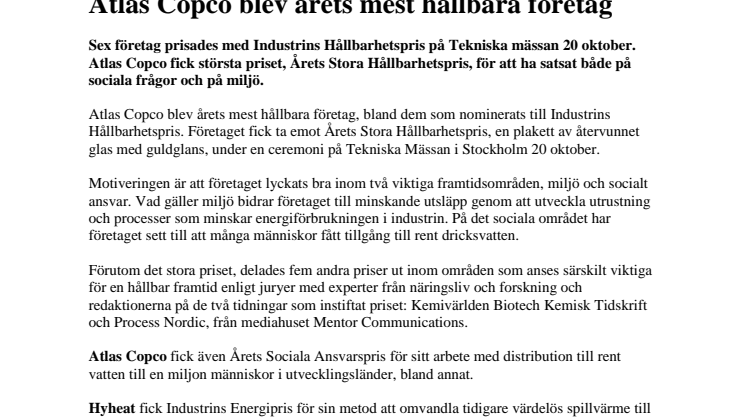 Atlas Copco blev årets mest hållbara företag