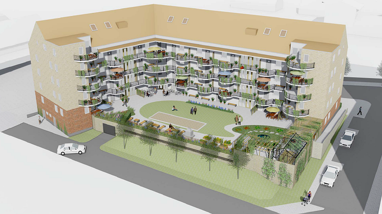 Skiss över hur Kooperativa Hyresrättsföreningen Bangårdsterassen Trygga hem i Höör kommer att se ut.