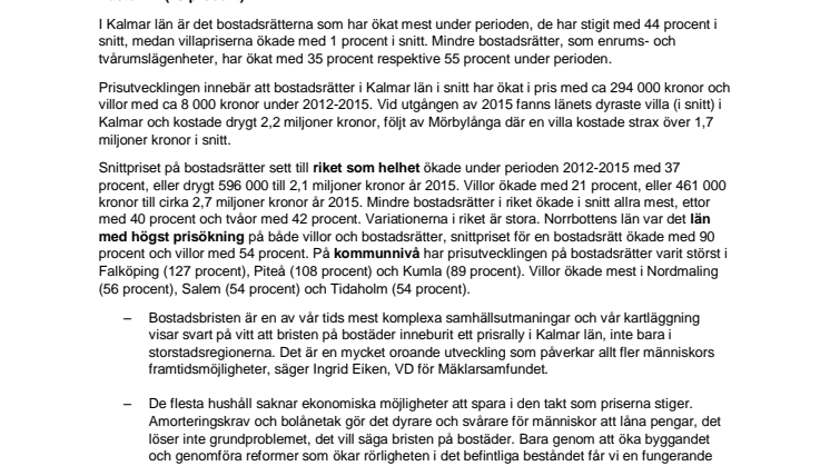 Bostadsbristen har skapat hög prisutveckling i Kalmar län åren 2012-2015
