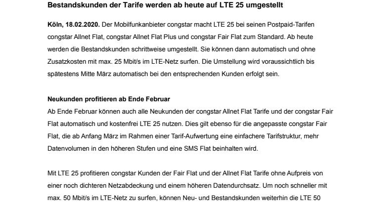 congstar Allnet Flat und Fair Flat Kunden erhalten standardmäßig LTE 25