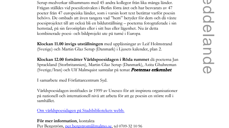 Stadsbiblioteket i Malmö  firar Världspoesidagen 21 mars