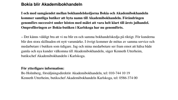 Bokia i Karlskoga blir Akademibokhandeln 