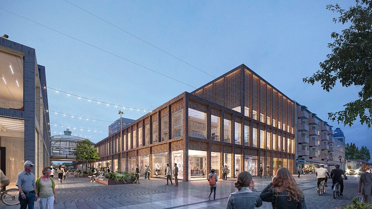 Visionsbild av Lundbergs Fastigheters planer för att utveckla citykvarteren i Norrköping.