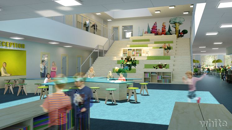 Den nya Villanskolan med idrottshall i Ängelholm byggs enligt Miljöbyggnad guld och ska ge plats åt 635 elever. Bild: NCC / White Arkitekter