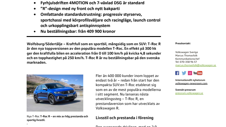 T-Roc R – säljstart för prestandaversion av Volkswagens kompakt-SUV