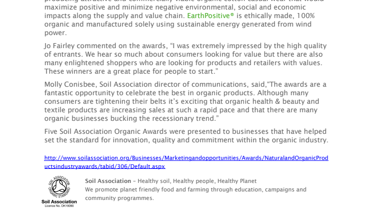 EarthPositive® Wins Best Organic Textile Product 2009 