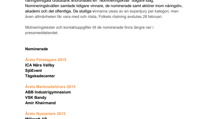 De nominerade till Västerås näringslivsgala Guldstänk är utsedda