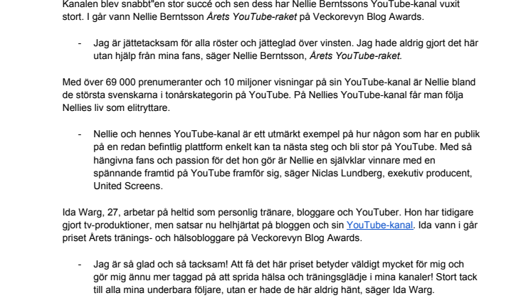 United Screens-stjärnorna Nellie Berntsson och Ida Warg är Årets YouTube-raket och Årets tränings- och hälsobloggare