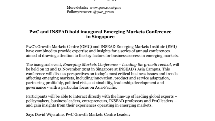 PwC and INSEAD hold inaugural Emerging Markets Conference  in Singapore
