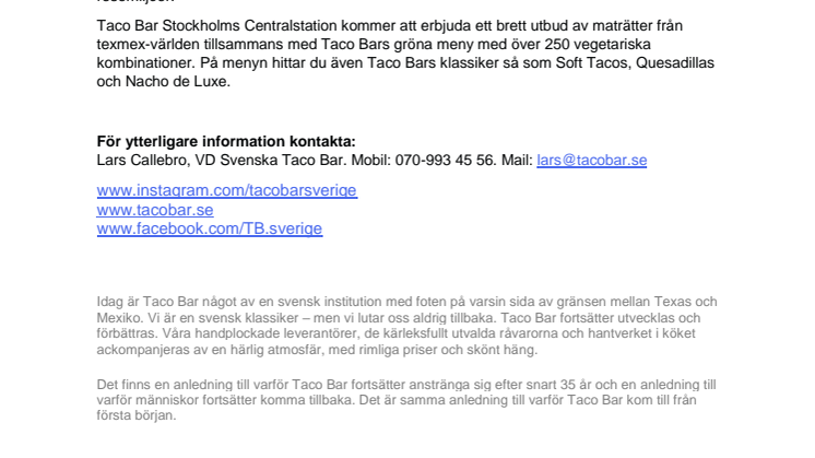 Taco Bar fortsätter att expandera - öppnar på Stockholms Centralstation