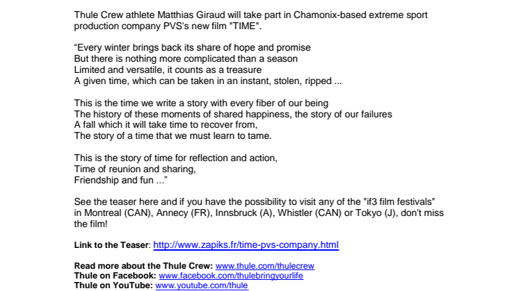 Matthias Giraud, Thule Crew mountain skier and B.A.S.E jumper, stars in the extreme sport film “TIME”
