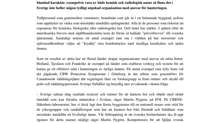 Svensk polis och räddningspersonal saknar rutiner för hanteringen av farliga substanser