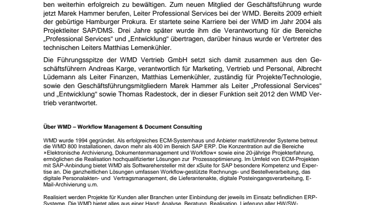 WMD Vertrieb GmbH verstärkt Geschäftsführung 