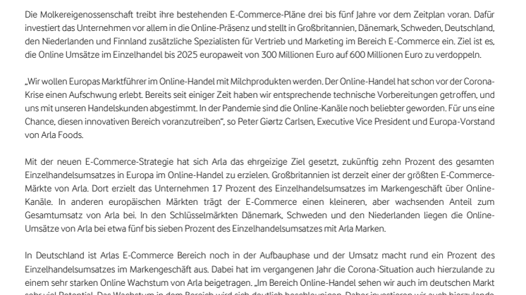 Arla Foods will Umsätze im Online-Handel deutlich steigern